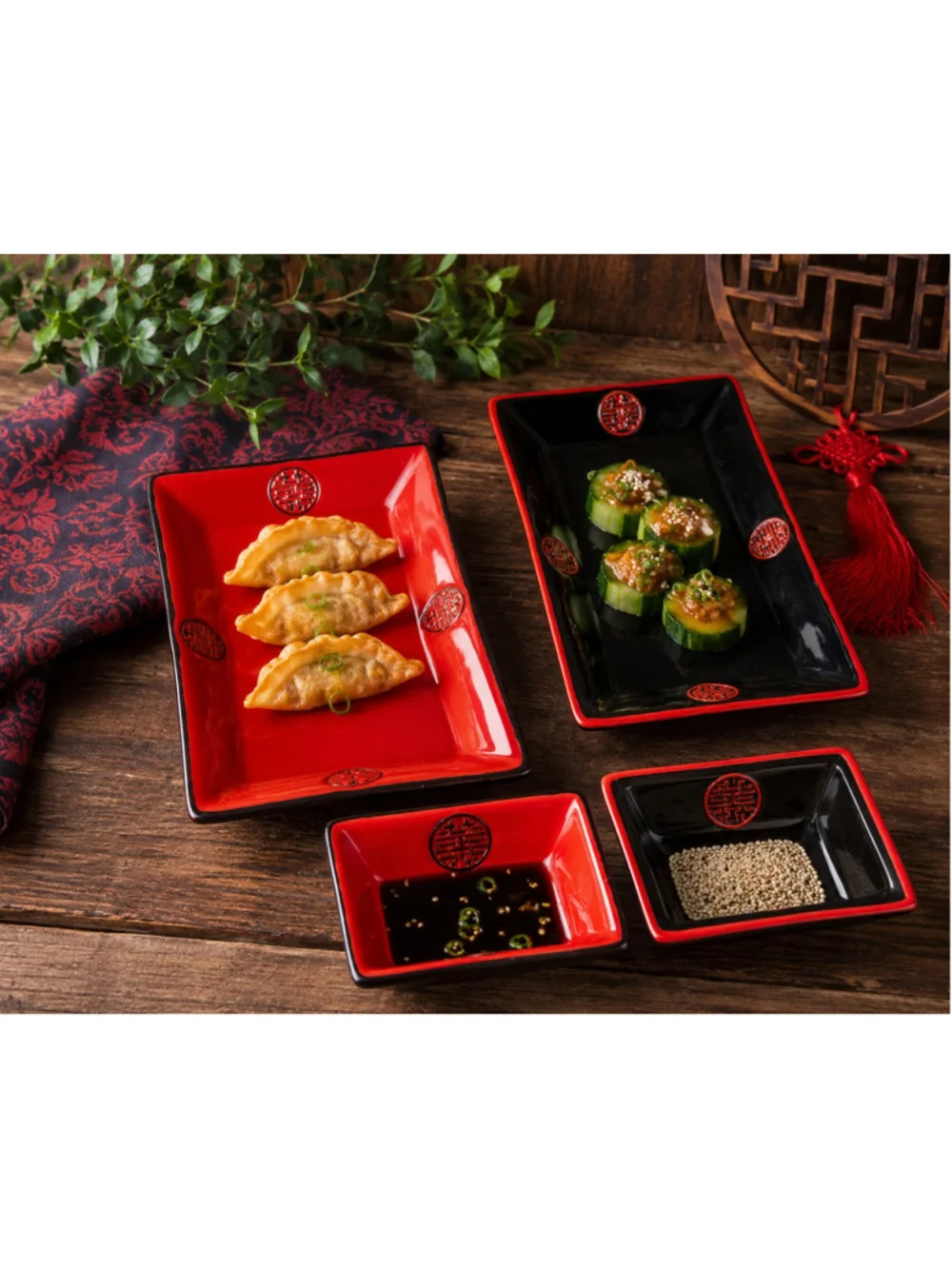 World Market Red Black Appetizer Tray Set Asian Longevity Symbol Ceramic 4pc